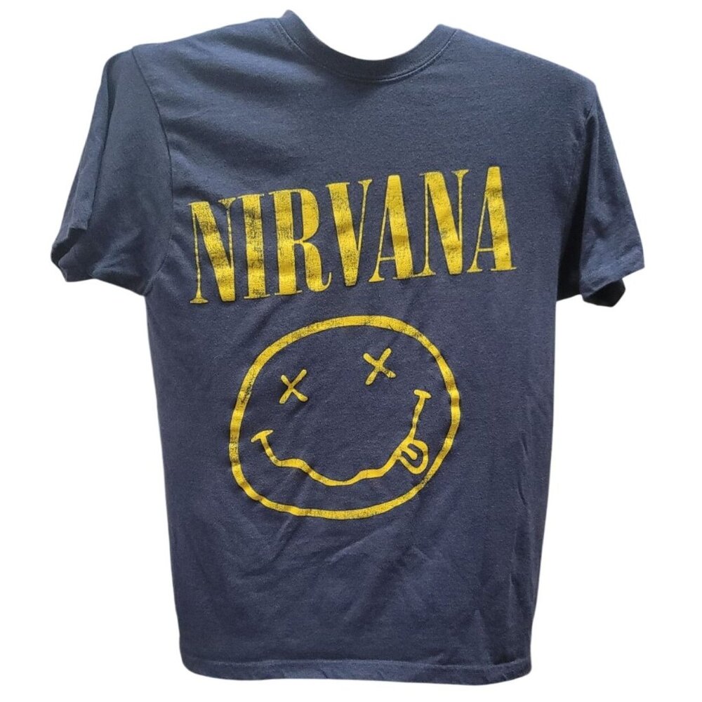 Nirvana Vintage Style Graphic T-Shirt Smiley Logo Print Blue & Yellow Medium